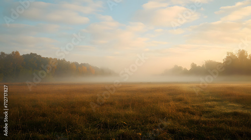 An early morning fog over a meadow during Indian Summer.