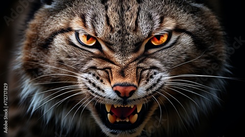 Fierce bobcat portrait isolated on black background for wildlife concept and animal aggression