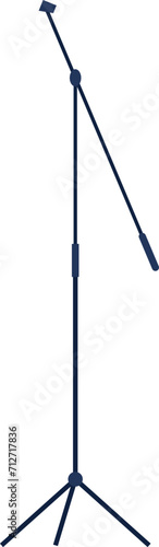 Black microphone stand, adjustable height, tripod base, vector illustration. Music equipment, studio recording gear, singer accessory vector illustration.