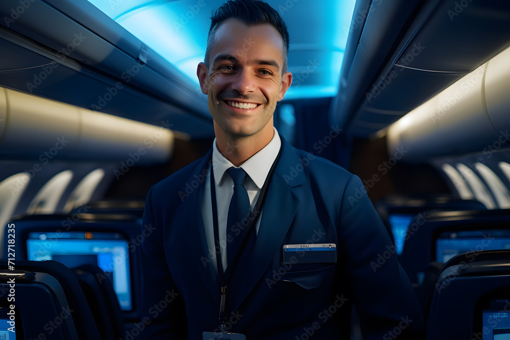Airline steward man inside a plane with blue lights Airline steward man inside a plane with blue lights