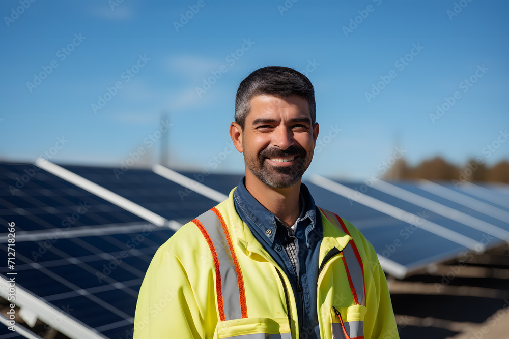 Renewable energy engineer in front of solar panels