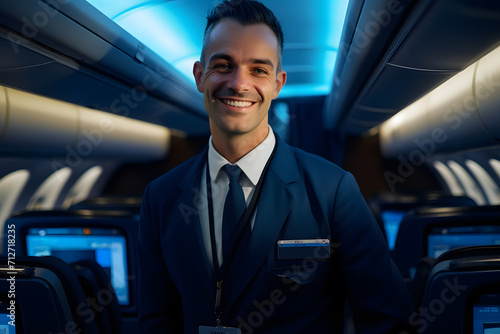 Airline steward man inside a plane with blue lights