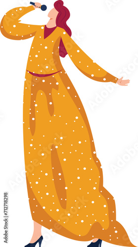 Female singer performing in elegant long yellow dress. Young woman with microphone singing with passion. Talent show contestant vector illustration.