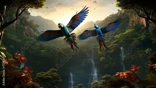 Fotografia A pair of exotic birds engaged in a colorful aerial dance above the jungle canop