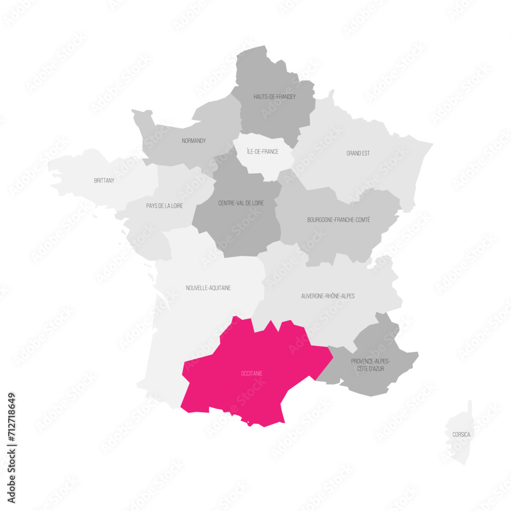 Obraz premium Occitania - map of administrative division, region, pink highlighted in map of France