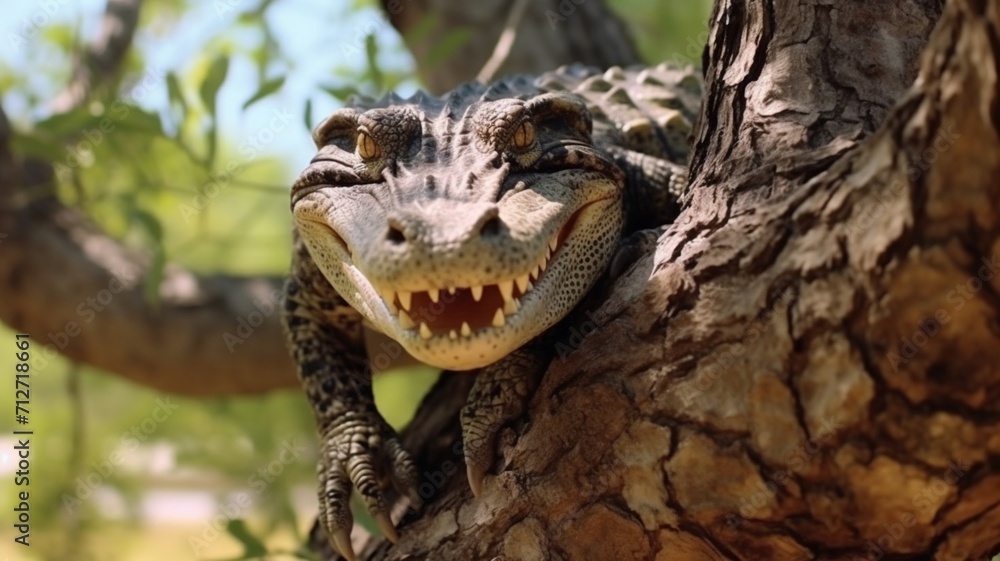 Obraz premium Crocodile animal standing in the tree AI Generated image