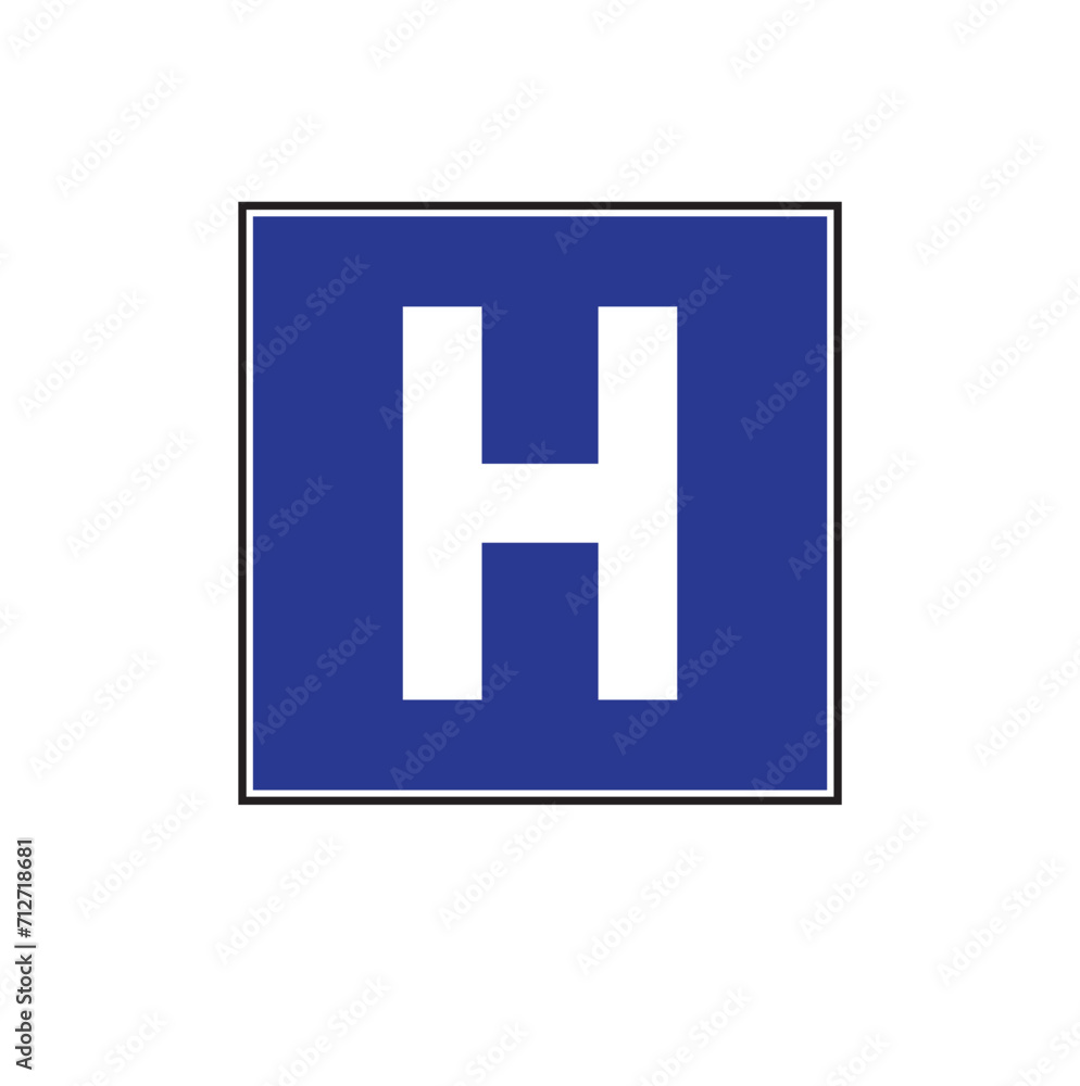 H symbol. Hospital sign board. Traffic road sign. Flat vector pictogram. Medical logo. Emergency Department, Doctors, Nurses, Patient. Saving lives. H symbol. Hospital sign board. Traffic road sign. Flat vector pictogram. Medical logo. Emergency Department, Doctors, Nurses, Patient. Saving lives.
