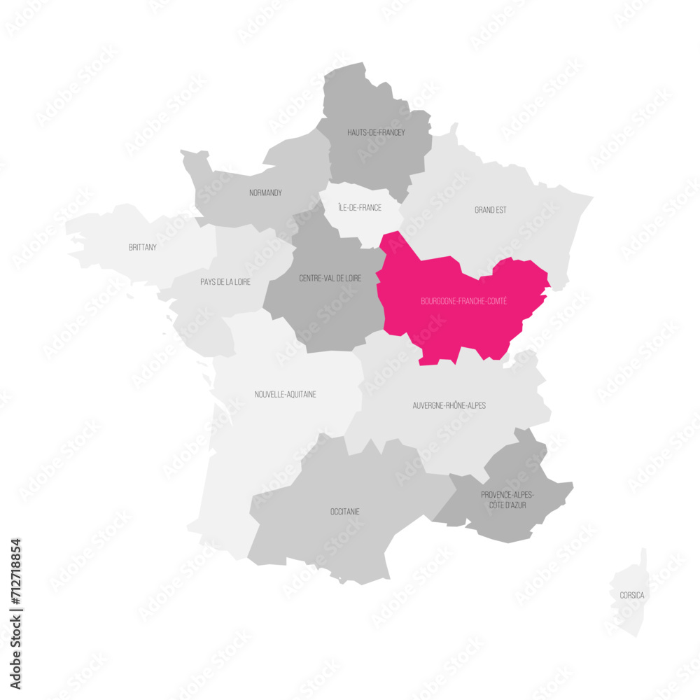 Bourgogne-Franche-Comte - map of administrative division, region, pink highlighted in map of France