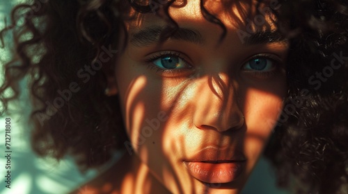 Portrait of young feminine man with curly hair looking at camera with shadows