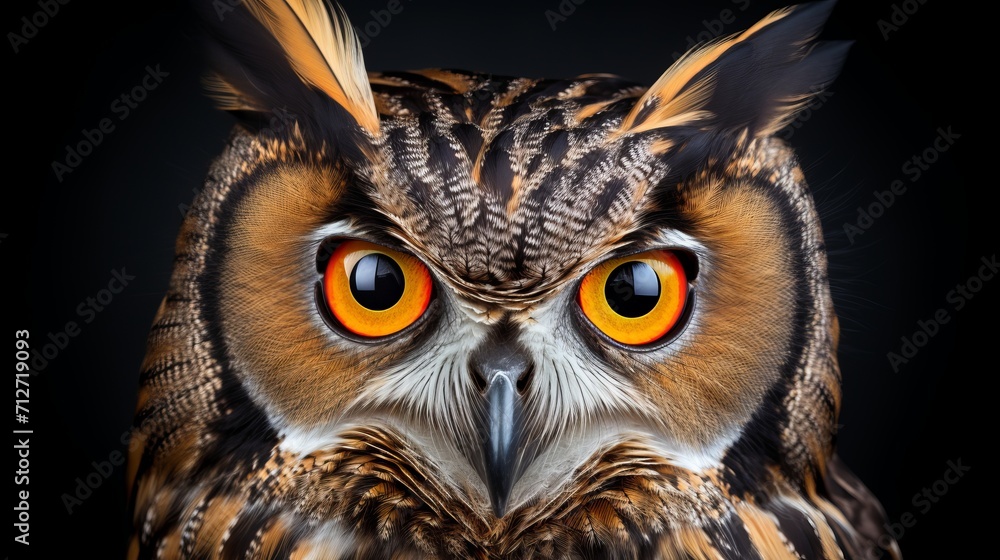 Fototapeta premium Majestic owl portrait with striking yellow eyes, isolated on black background