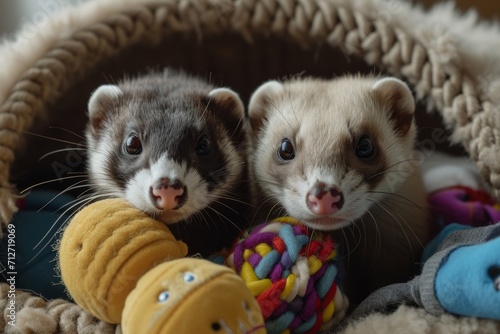 Cheerful ferrets with an assortment of toys, expressing their lively and playful antics in charming scenes.