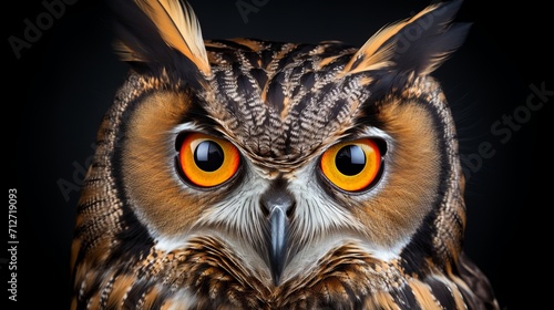 Majestic owl portrait with striking yellow eyes, isolated on black background