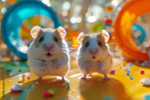 Happy hamsters enjoying a playful assortment of tunnels, wheels, and chewable toys, creating a delightful habitat. photo