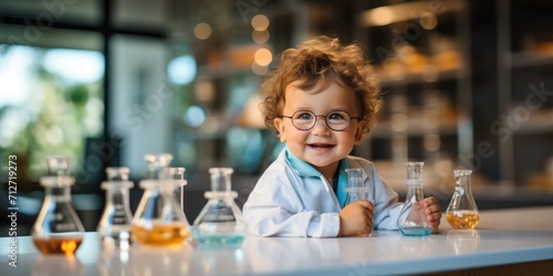 Cute smiling baby boy in laboratory outfit doing chemical reactions photo