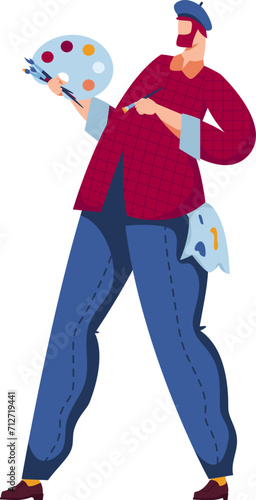 Artist male standing with a palette and brushes, wearing a beret and casual clothes. Creativity and art concept. Modern style painter vector illustration.