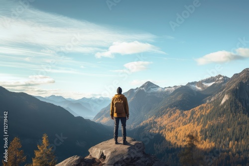 A Person Standing on Top of a Majestic Mountain Peak With a View of the Vast Landscape