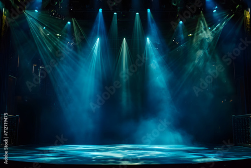 Theaterzauber: Beeindruckende Bühne mit Spotlights, Rauch und rotem Vorhang für ein unvergessliches kulturelles Erlebnis und dramatische Show-Effekte photo