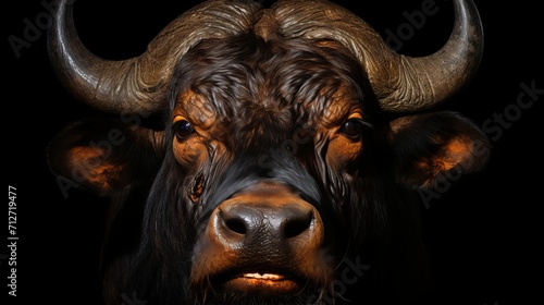 Majestic african buffalo portrait isolated on black background, showcasing its powerful presence.