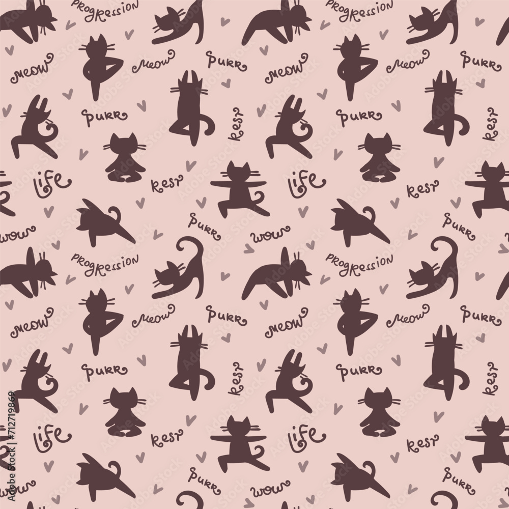 Yoga cats vector seamless pattern with text meow, purr, rest. Yoga cats vector seamless pattern with text meow, purr, rest.