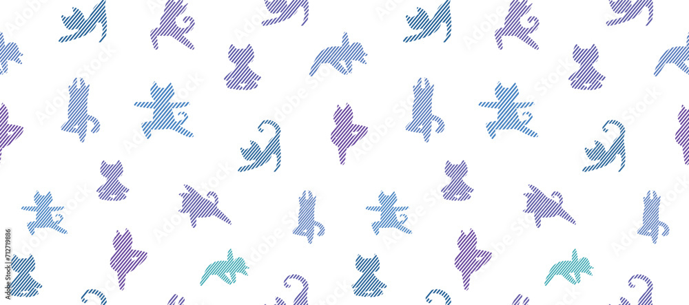 Yoga cats vector seamless pattern with text meow, purr, rest.