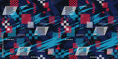 Abstract seamless grunge urban pattern for sport clothes. Chaotic shape elements design with drip, spot, motion and speed elements. Repeated backdrop. Original background square checkers wallpaper.