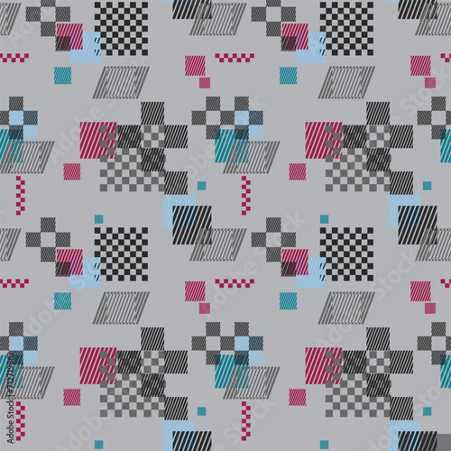 Abstract seamless geometric pattern with checkerboard textured background. Grungy geometric print for sport textile, boy clothes. Squares repeat ornament.