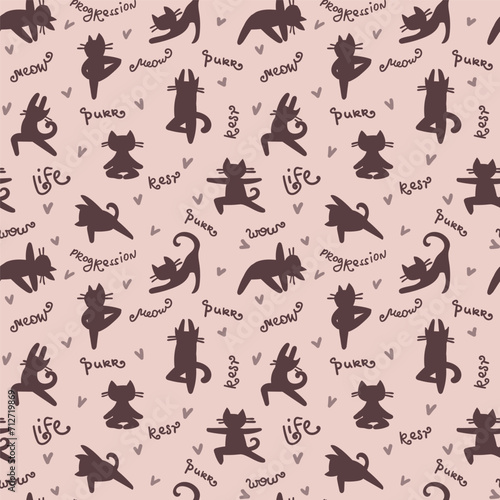 Yoga cats vector seamless pattern with text meow, purr, rest.
