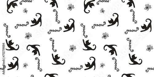 Abstract seamless childish pattern. Repeated backdrop on white background with text meow, cats and paw. Cute funny kitty style Cartoon wallpaper for girls and boys, textile, wrapping paper.