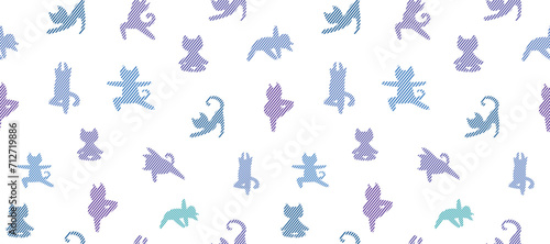 Yoga cats vector seamless pattern with text meow  purr  rest.