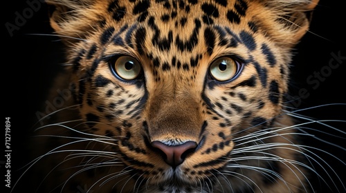Captivating close up of an amur leopard, showcasing its beauty, isolated against a black background © Eva