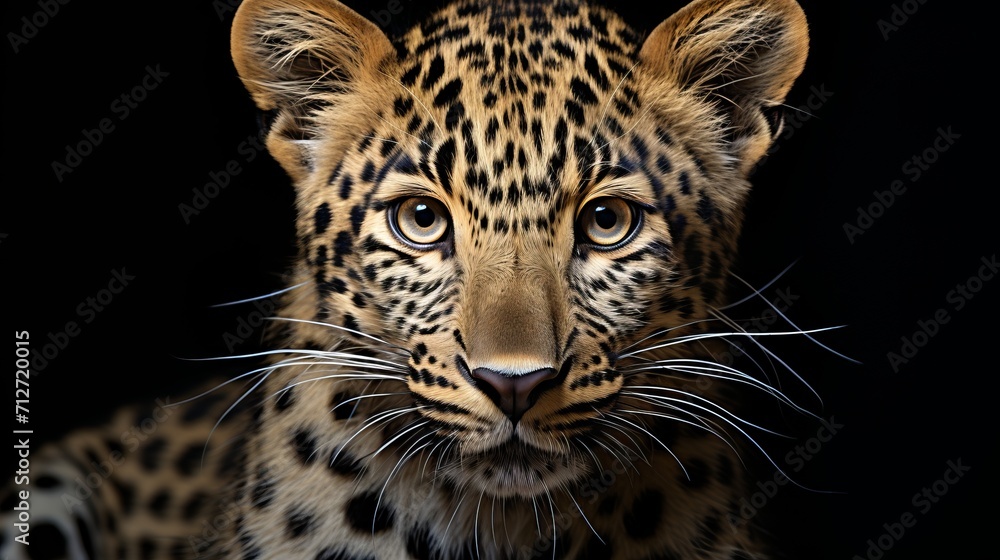 Majestic amur leopard isolated on black background, endangered big cat wildlife portrait