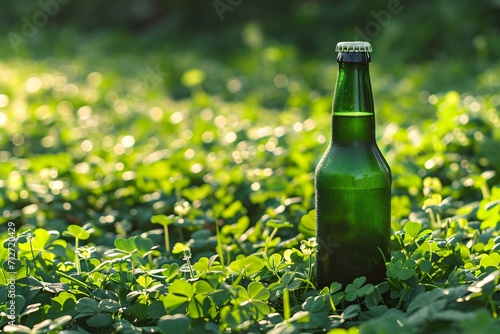 Green beer bottle in clover field with sunlight. Nature background. St Patrick s Day celebration. Ireland and Irish holidays. Banner  background with copy space