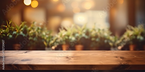 Wooden table without items, blurred cafe backdrop.