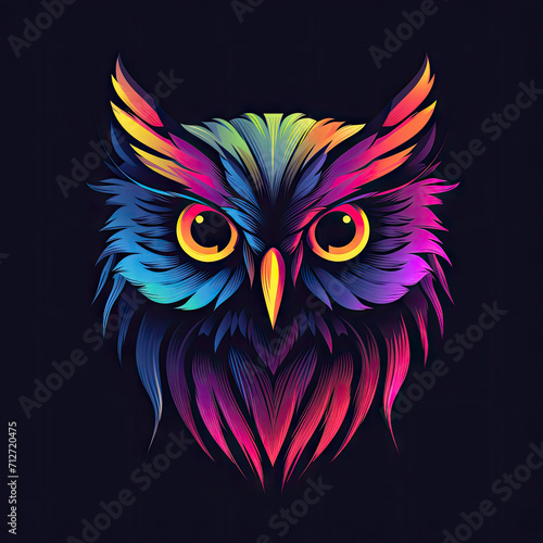 Logo style colourful owl on a black background