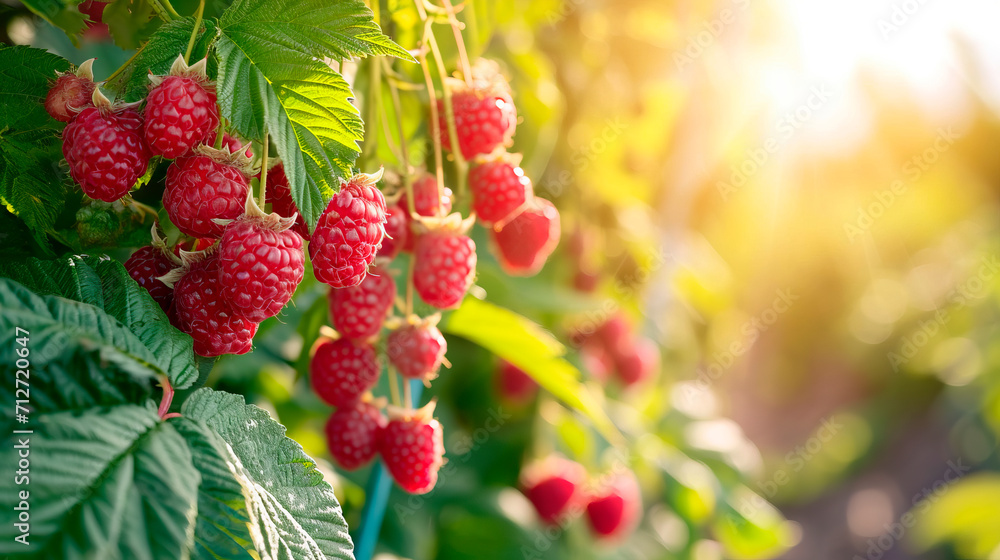 ripe raspberries grow on bushes and the sun shines brightly ripe raspberries grow on bushes and the sun shines brightly