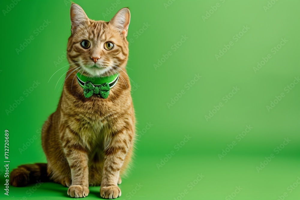 Obraz premium Cute ginger cat with green bow tie on green background. Saint Patrick's Day celebration. Funny domestic animal, cute pet. Minimalistic composition with copy space. Irish culture, Ireland