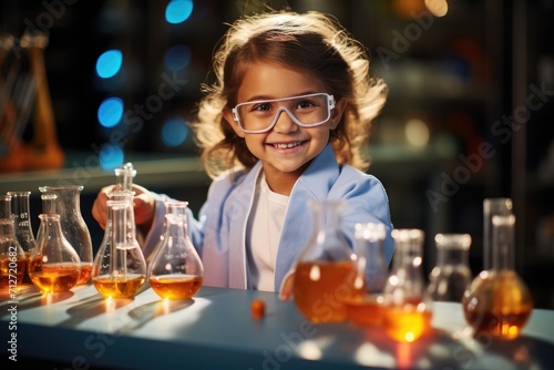 Cute smiling baby girl in laboratory outfit doing chemical reactions
