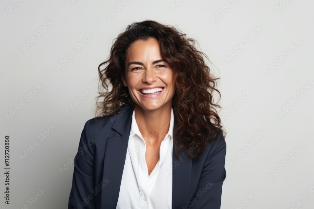 Portrait of a happy businesswoman smiling at the camera on gray background Portrait of a happy businesswoman smiling at the camera on gray background