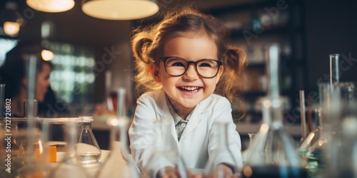 Cute smiling baby girl in laboratory outfit doing chemical reactions photo