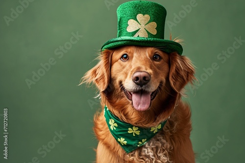 Dog wearing green hat and scarf on simple background. St. Patrick's Day. Golden retriever with shamrock. Ireland and Irish holidays. Cute funny pet concept. Banner, poster with copy space photo