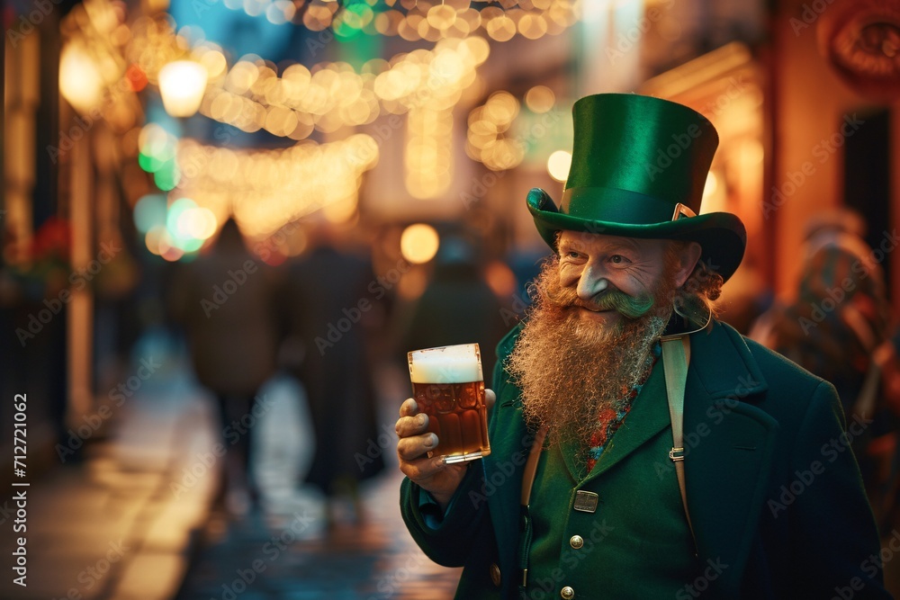 Funny leprechaun with red beard drinking beer. Saint Patrick's Day celebration. Ireland symbol, and Irish holidays. Banner, background with copy space Funny leprechaun with red beard drinking beer. Saint Patrick's Day celebration. Ireland symbol, and Irish holidays. Banner, background with copy space