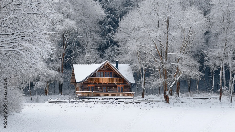 Wooden house and trees in snowy forest