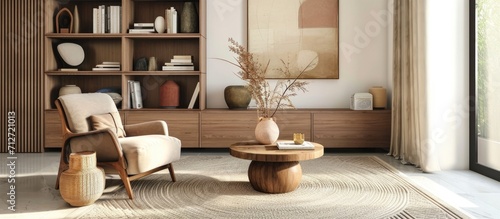 Living room with brown armchair, coffee table, wooden shelf, and elegant decor. Template.