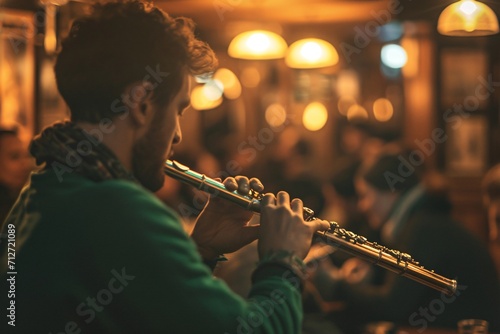 Man playing traditional Irish music in a pub. Flute player performing live at a St Patrick's Day celebration. Musician and musical instruments. Ireland and Irish culture