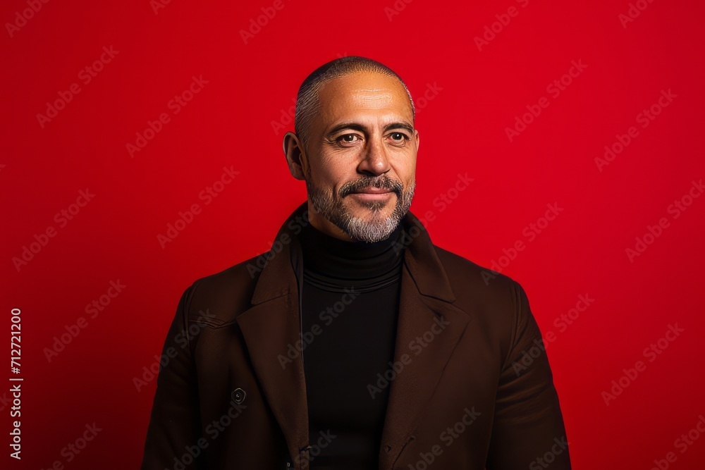 Portrait of a handsome middle-aged man wearing a coat and looking at the camera on a red background Portrait of a handsome middle-aged man wearing a coat and looking at the camera on a red background