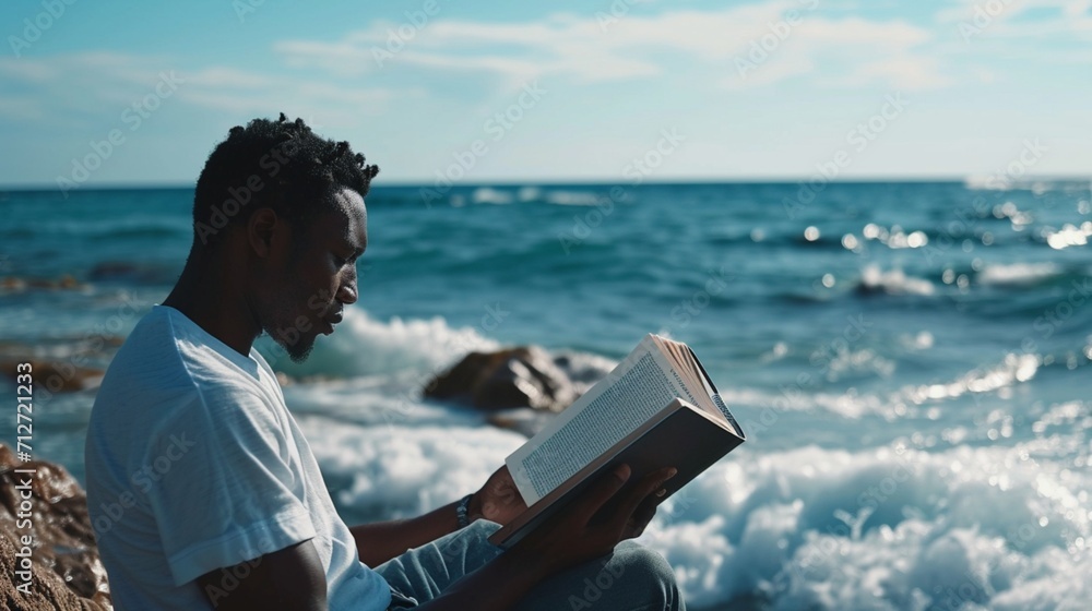Young black man reading by the sea
