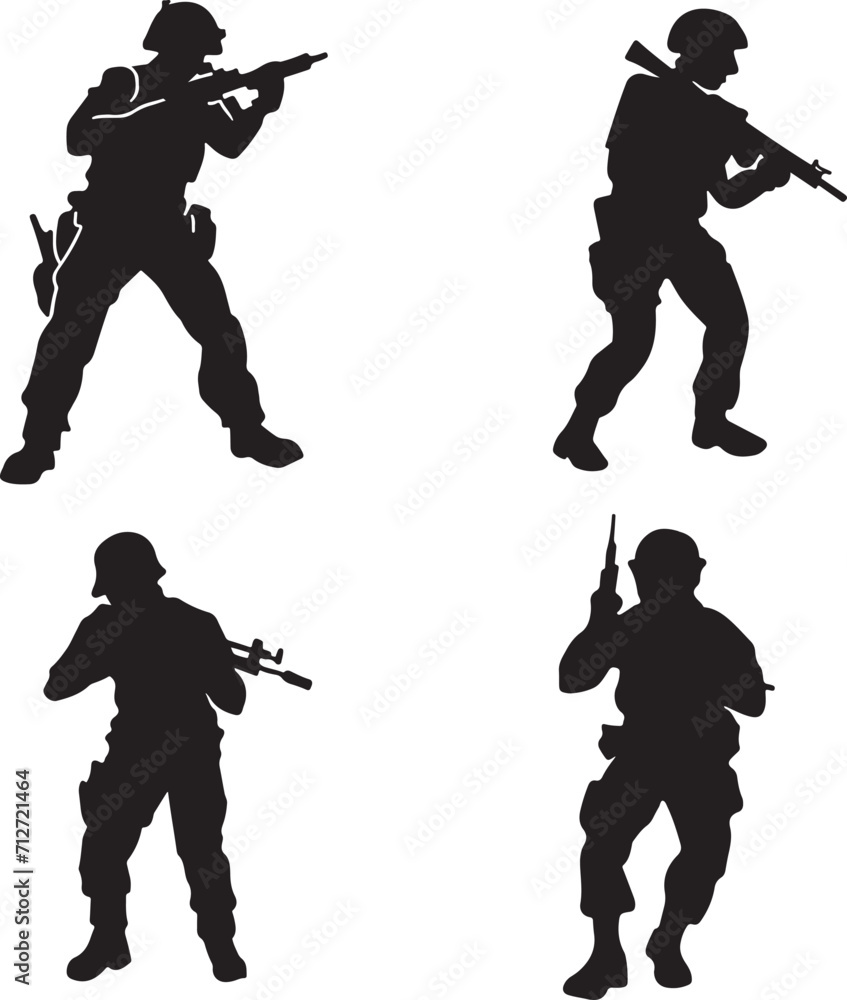 Fototapeta premium Soldier and army force silhouette collection for Veterans Day. Set of army soldier icons. Black soldiers silhouette isolated