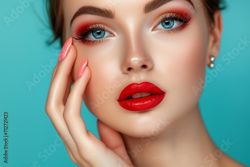 Beautiful laughing brunette model girl. Red lips and nails manicure . Fashion   beauty and make up portrait Beautiful girl showing red manicure nails . makeup and cosmetics. Studio shot of young beaut