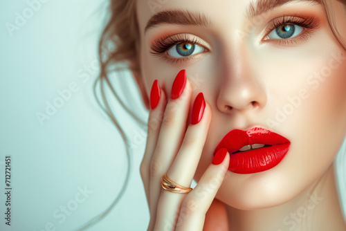 Beautiful laughing brunette model girl. Red lips and nails manicure . Fashion , beauty and make up portrait Beautiful girl showing red manicure nails . makeup and cosmetics. Studio shot of young beaut photo
