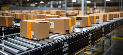 Multiple cardboard box packages moving seamlessly on conveyor belt in warehouse fulfillment center